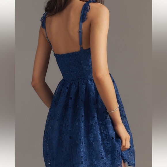Anthropologie Ruffle Strap Corset Lace Blue Mini Dress Womens Size Small - Picture 4 of 8